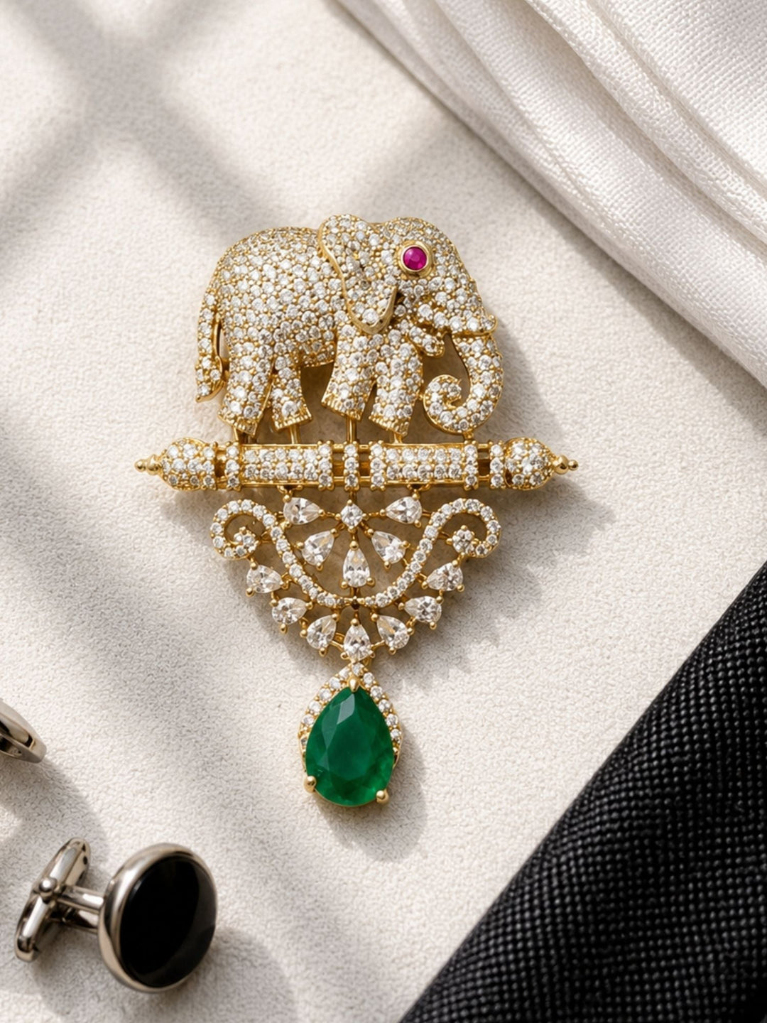Royal Elephant Brooch Pin for Unisex | Green Stone Crystal Gold Plated Statement Lapel Pin | SHOBITAM