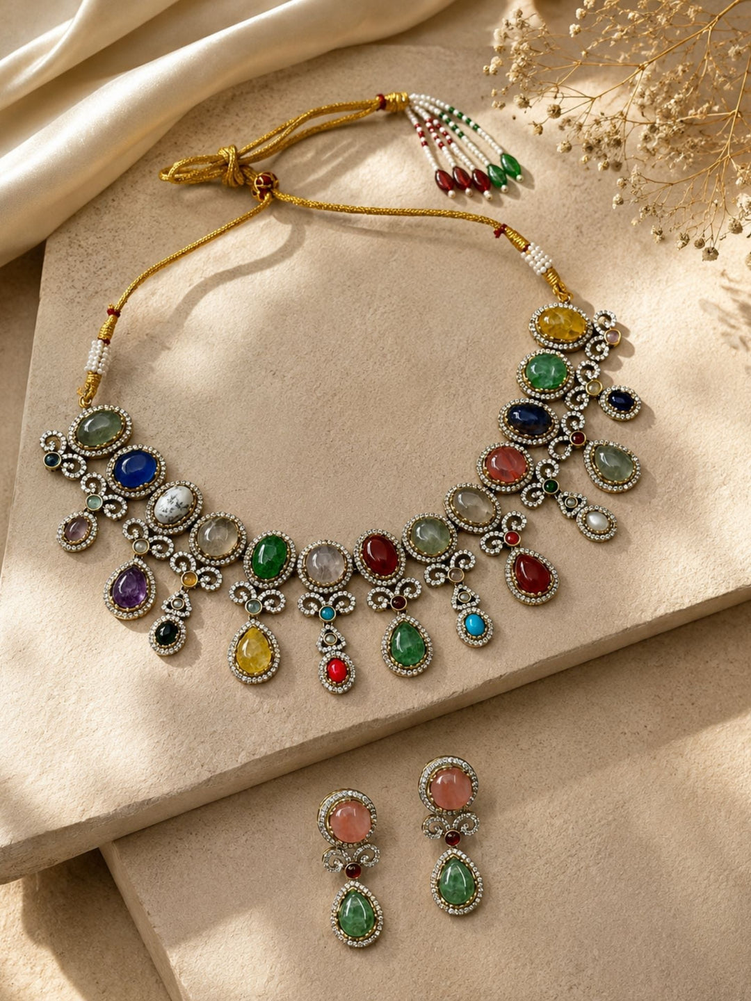 Emerald Green Pendant Necklace Set | SHOBITAM