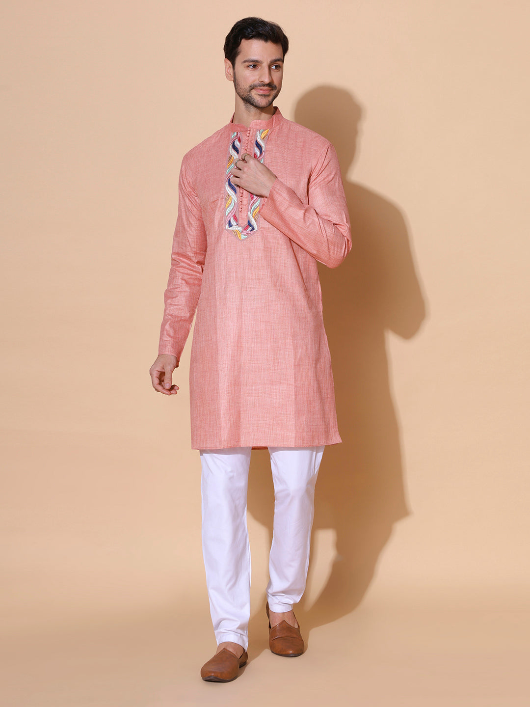 Gypsy Pink Men Khadi Cotton Silk Handwoven Half Sleeve Kurta
