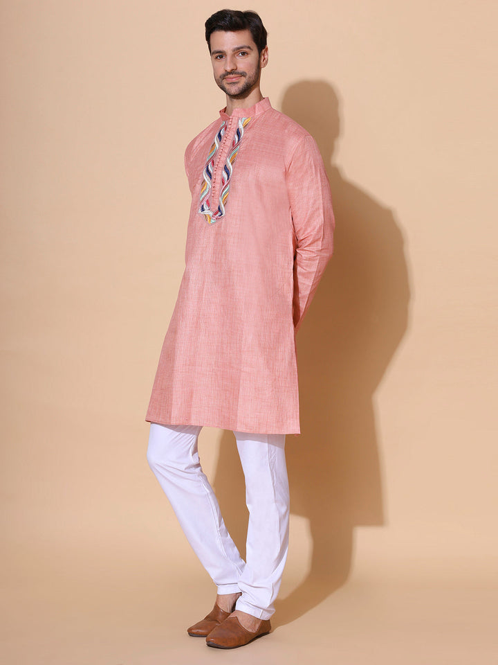 Gypsy Pink Men Khadi Cotton Silk Handwoven Half Sleeve Kurta