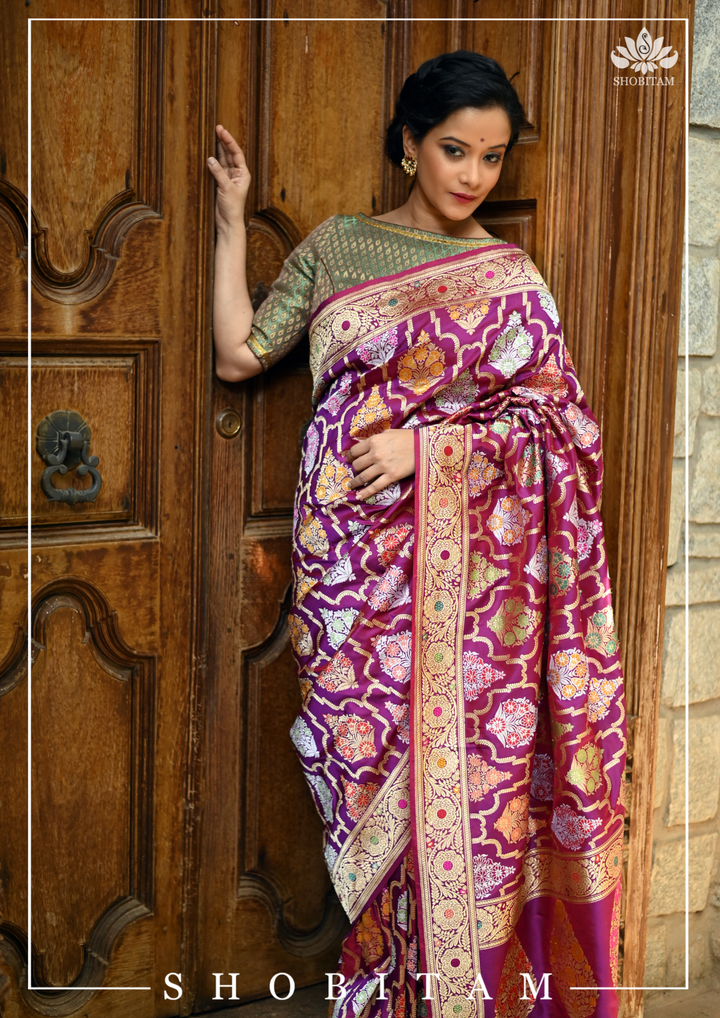 Authentic Kadhuwa Jungla Multi-color Meenakari Jaal Banarasi Silk Saree in Plum with Grand Pallu and Zari  | SILK MARK CERTIFIED