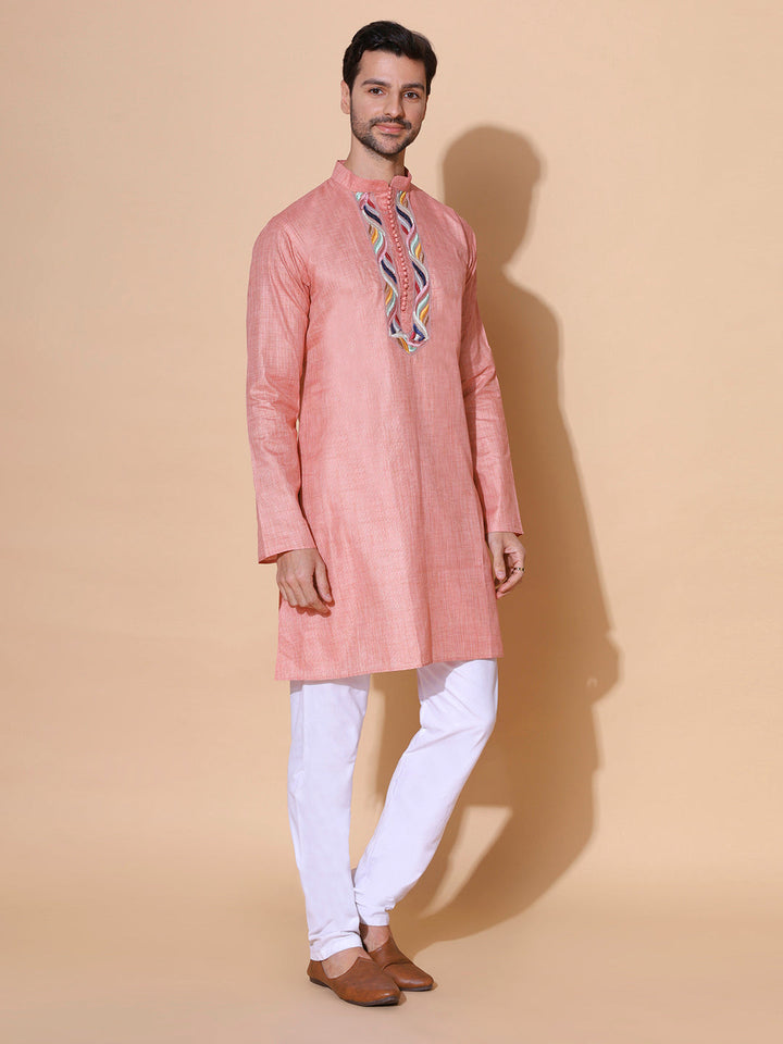Gypsy Pink Men Khadi Cotton Silk Handwoven Half Sleeve Kurta