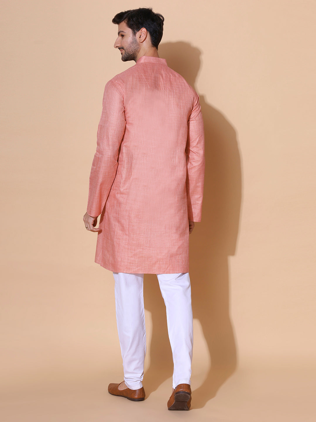 Gypsy Pink Men Khadi Cotton Silk Handwoven Half Sleeve Kurta