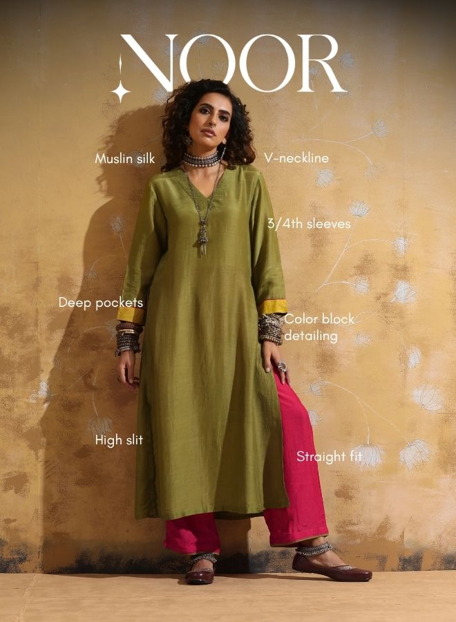 Green Muslin Silk High-Slit Kurta Pant Set  | SHOBITAM