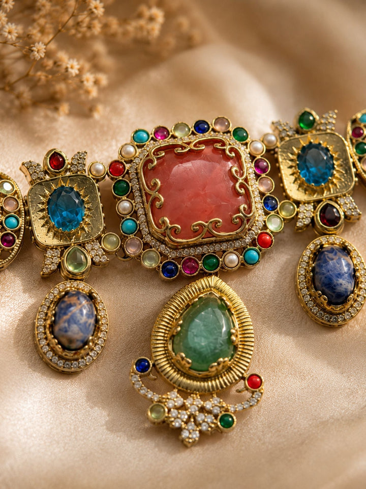 Royal Polki Multicolor Statement Gemstone Choker Set | SHOBITAM