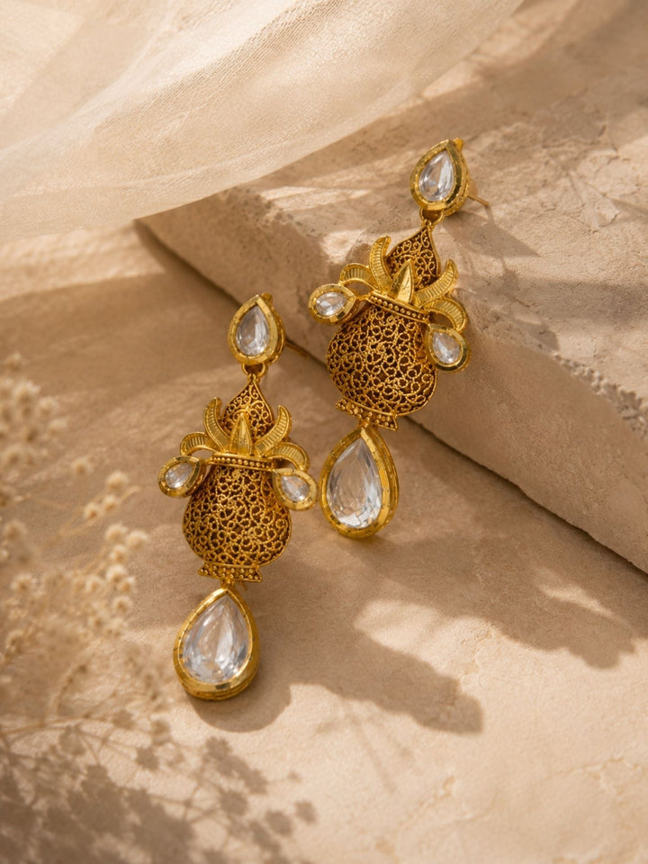 Antique Kundan Drop Earrings in Gold Finish – Festive Wear | SHOBITAM