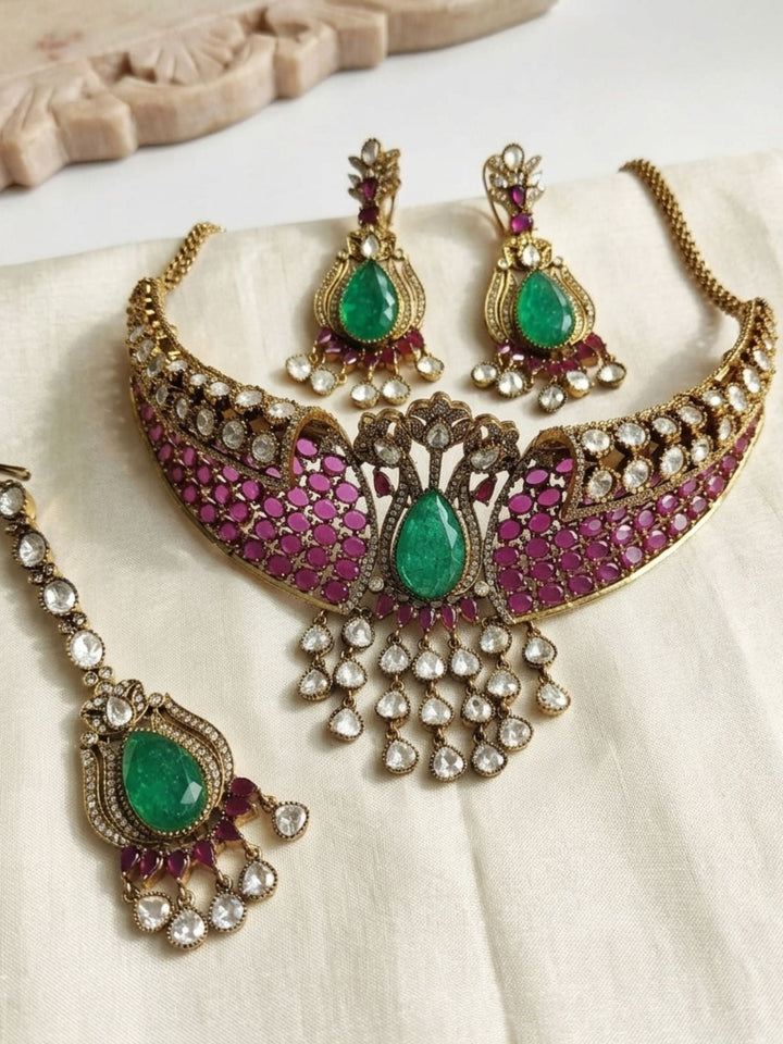Heavy Bridal Choker Set with Maang Tikka & Earrings | Shobitam