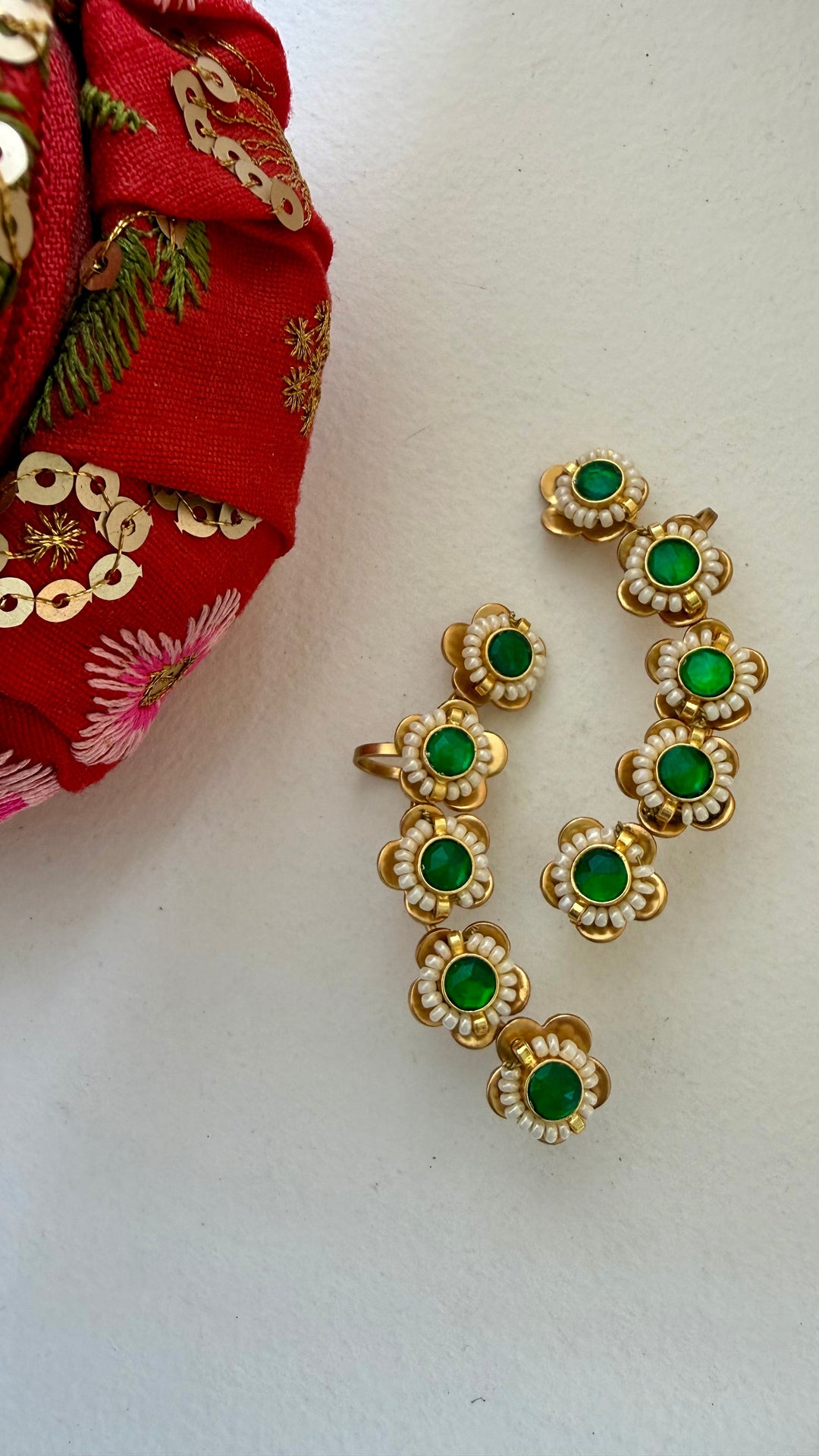 Green Parindi Ear Cuffs in Brass with Antique Gold Polish and Gemstone Details | SHOBITAM