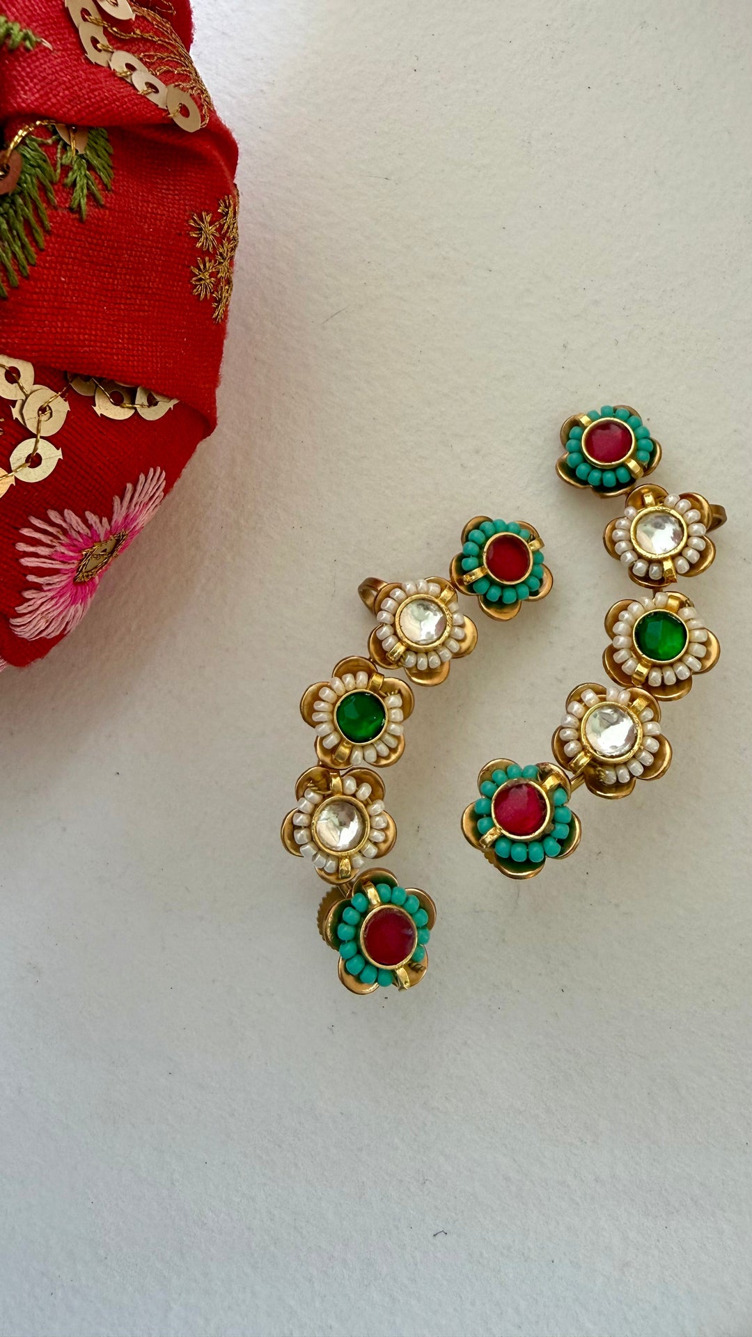 Multicolor Parindi Ear Cuffs in Brass with Antique Gold Polish and Gemstone Details | SHOBITAM