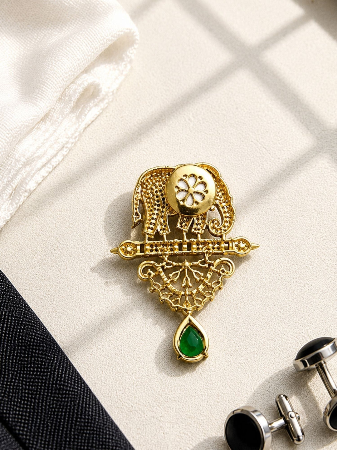 Royal Elephant Brooch Pin for Unisex | Green Stone Crystal Gold Plated Statement Lapel Pin | SHOBITAM