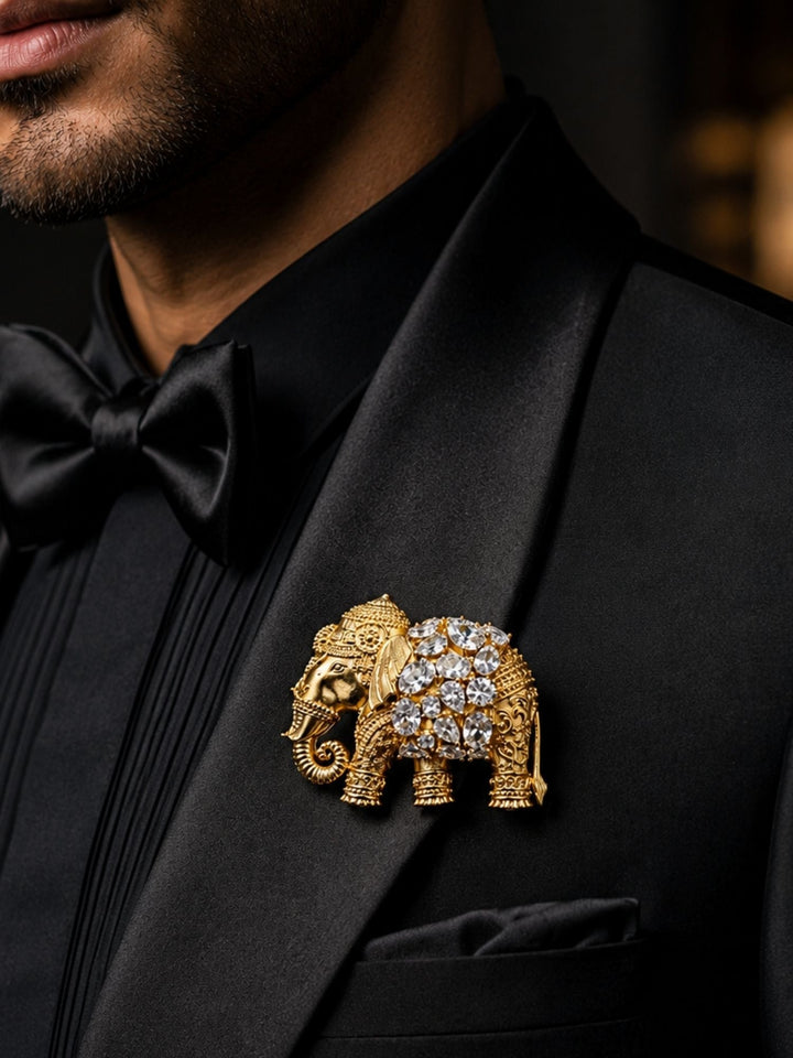 Royal Elephant Brooch Pin for Unisex | Gold Plated Crystal Statement Lapel Pin | SHOBITAM