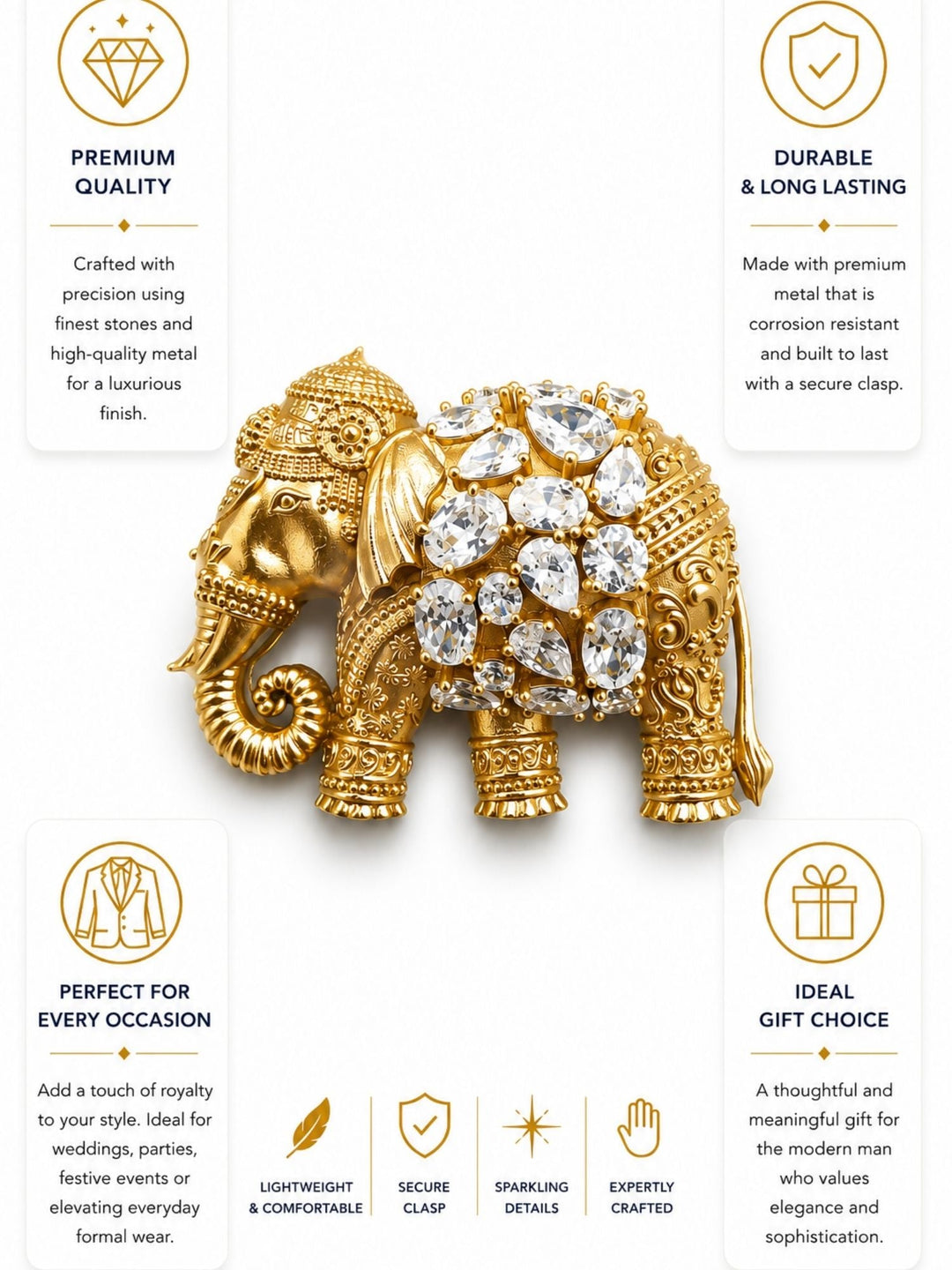 Royal Elephant Brooch Pin for Unisex | Gold Plated Crystal Statement Lapel Pin | SHOBITAM
