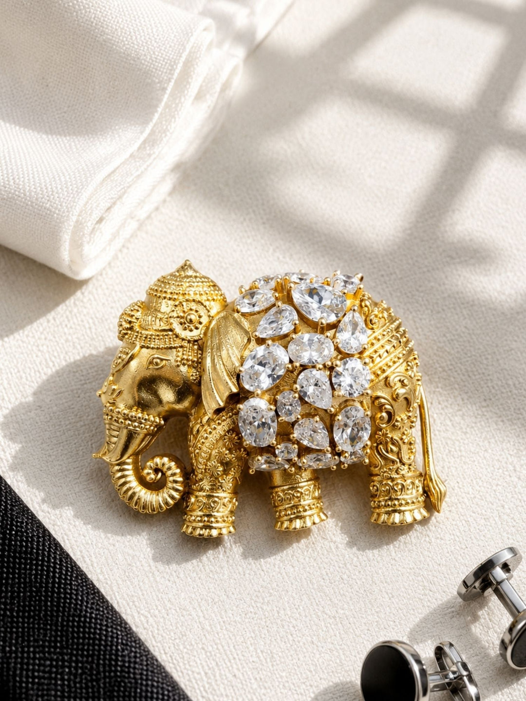 Royal Elephant Brooch Pin for Unisex | Gold Plated Crystal Statement Lapel Pin | SHOBITAM