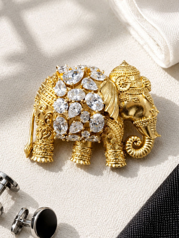 Royal Elephant Brooch Pin for Unisex | Gold Plated Crystal Statement Lapel Pin | SHOBITAM