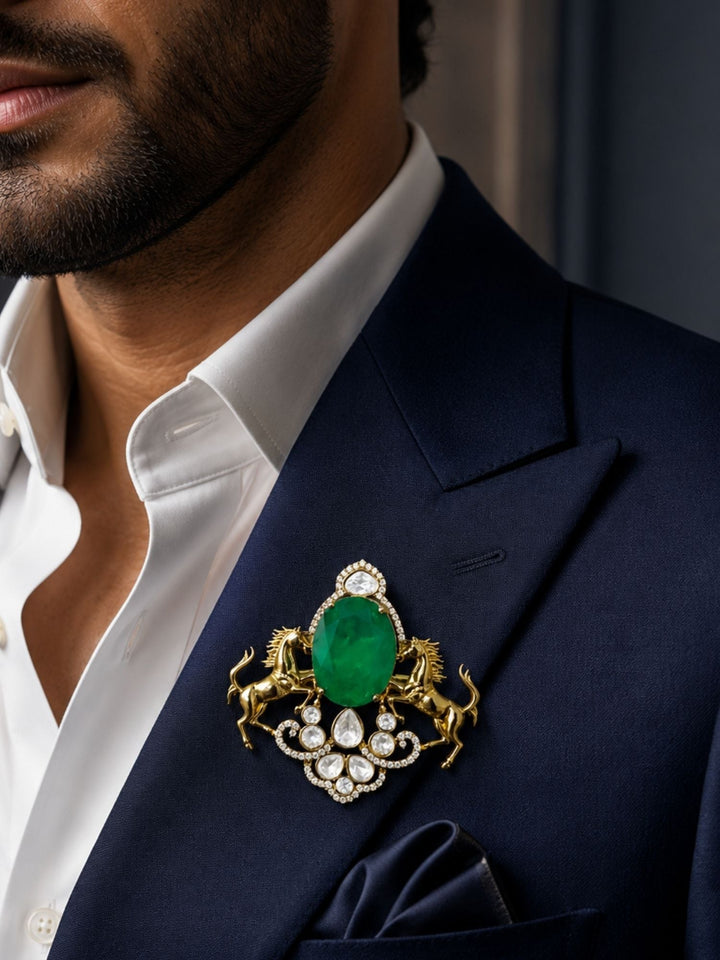 Royal Horse Brooch Pin for Unisex | Green Stone Crystal Gold Plated Statement Lapel Pin | SHOBITAM