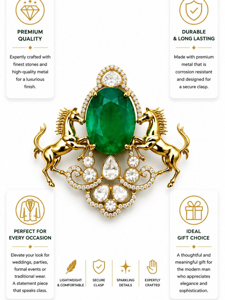 Royal Horse Brooch Pin for Unisex | Green Stone Crystal Gold Plated Statement Lapel Pin | SHOBITAM