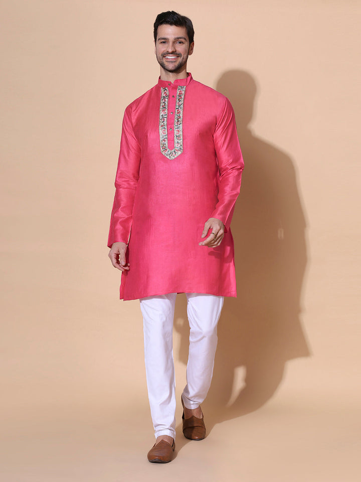 Siachen Rose Men Khadi Silk Handwoven Half Sleeve Kurta