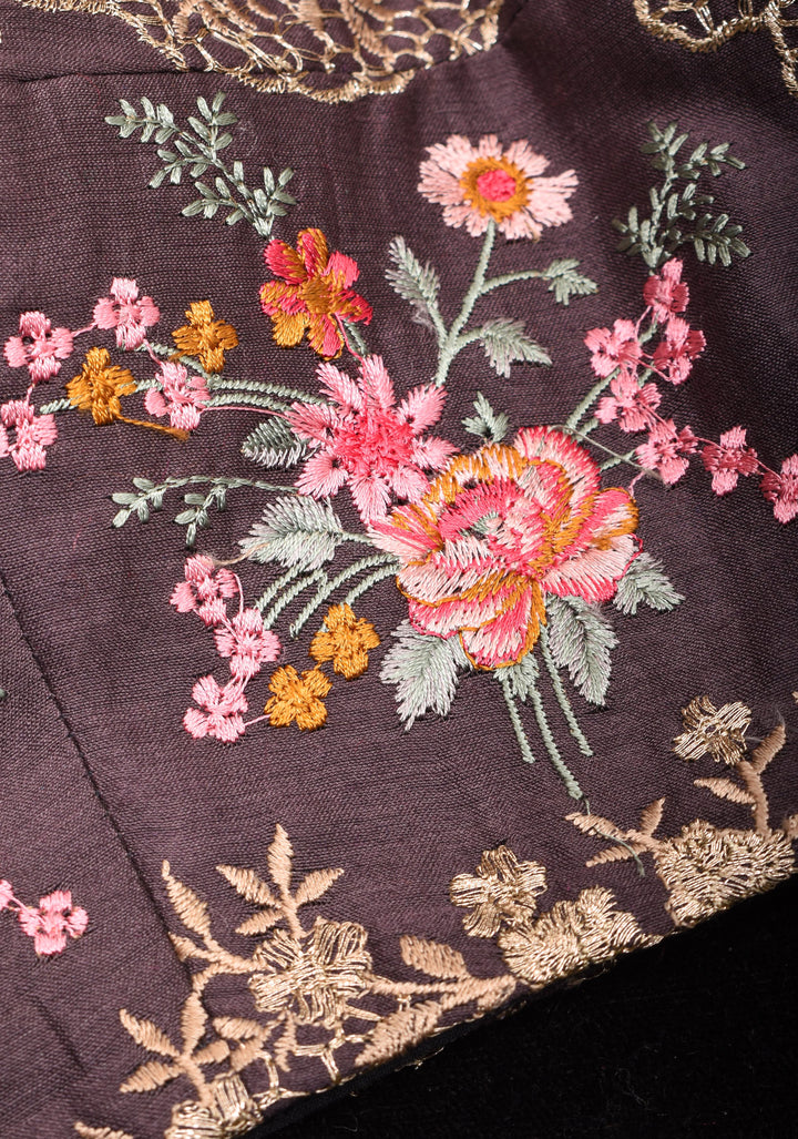 Gray Geecha Raw Silk blouse with floral embroidery and Bandgala pattern