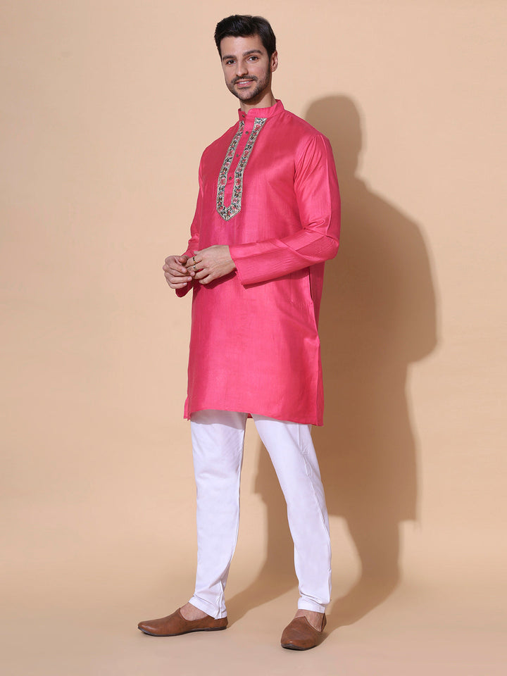Siachen Rose Men Khadi Silk Handwoven Half Sleeve Kurta