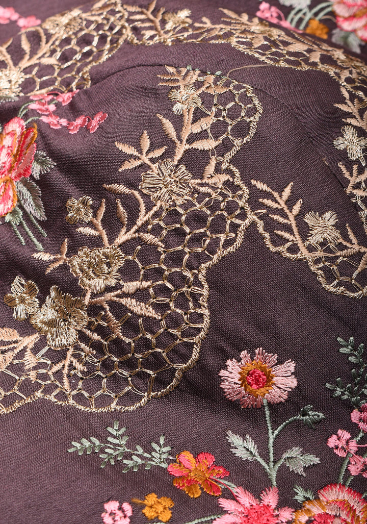 Gray Geecha Raw Silk blouse with floral embroidery and Bandgala pattern