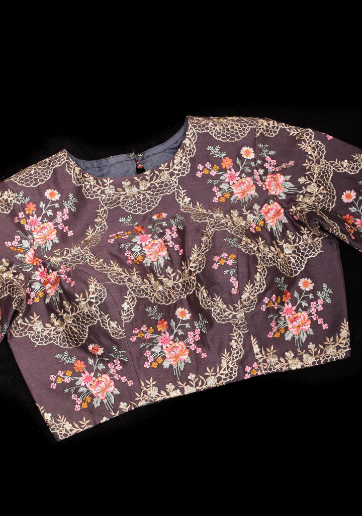 Gray Geecha Raw Silk blouse with floral embroidery and Bandgala pattern