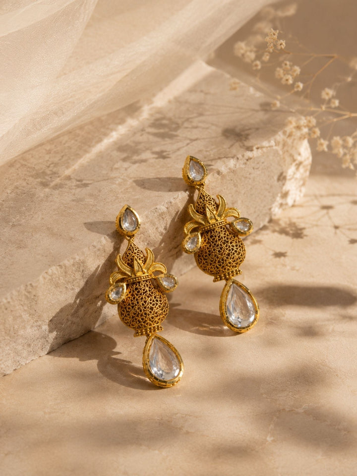 Antique Kundan Drop Earrings in Gold Finish – Festive Wear | SHOBITAM