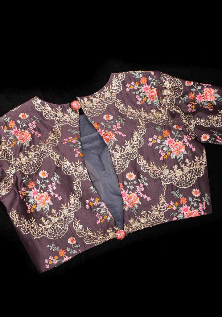 Gray Geecha Raw Silk blouse with floral embroidery and Bandgala pattern