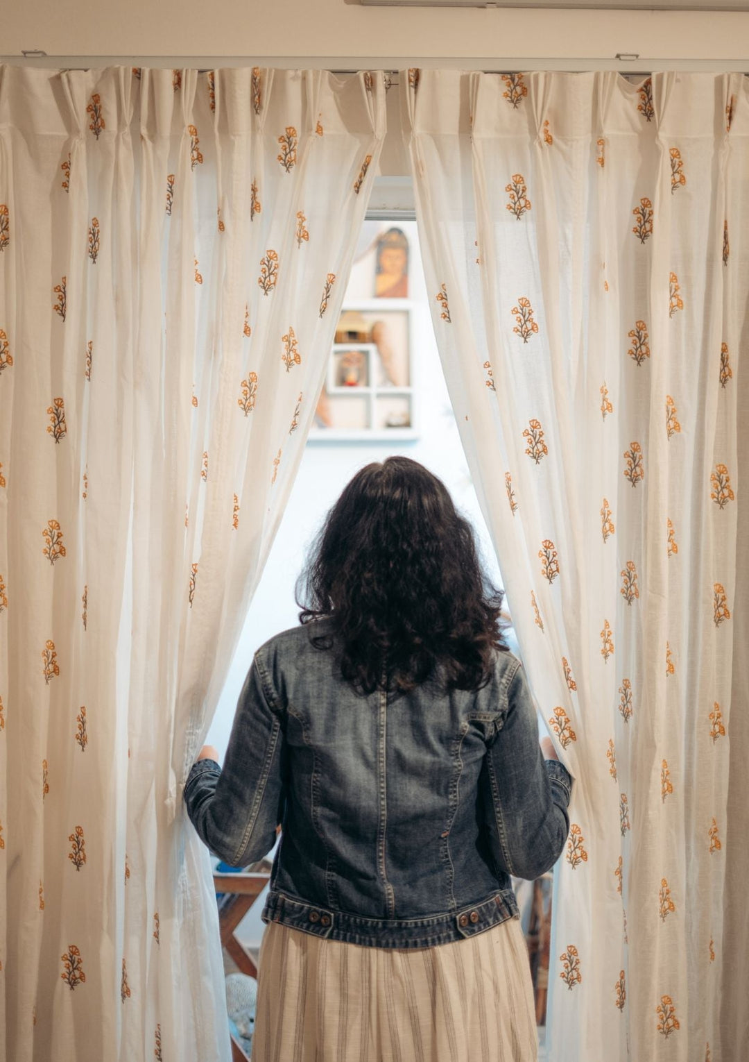 Spring 100% cotton embroidered floral sheer curtain for living room - Light filtering - Orange - Single - Single Piece | SHOBITAM