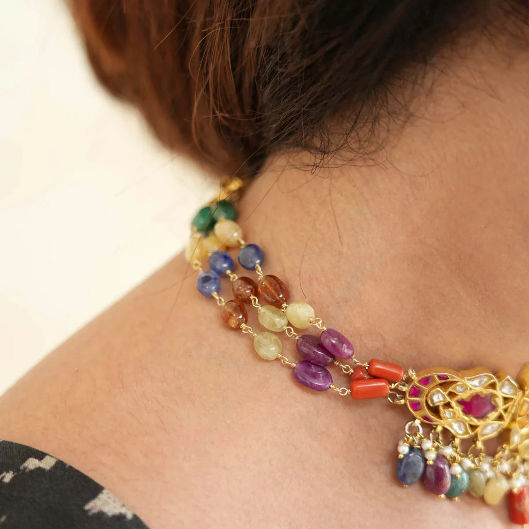 92.5 Silver, 24 kt Gold-Plated Navarathna Choker Necklace With Dangling Pearls