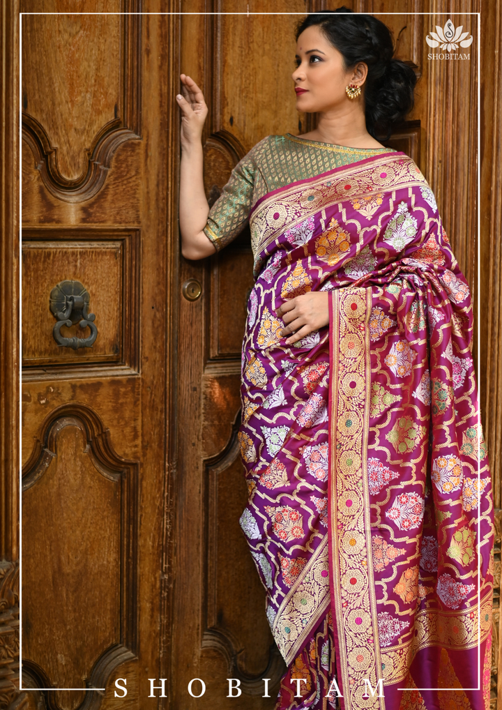 Authentic Kadhuwa Jungla Multi-color Meenakari Jaal Banarasi Silk Saree in Plum with Grand Pallu and Zari  | SILK MARK CERTIFIED