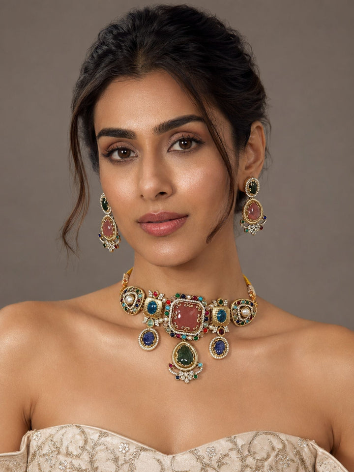 Royal Polki Multicolor Statement Gemstone Choker Set | SHOBITAM