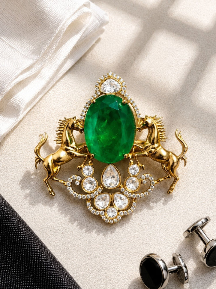 Royal Horse Brooch Pin for Unisex | Green Stone Crystal Gold Plated Statement Lapel Pin | SHOBITAM