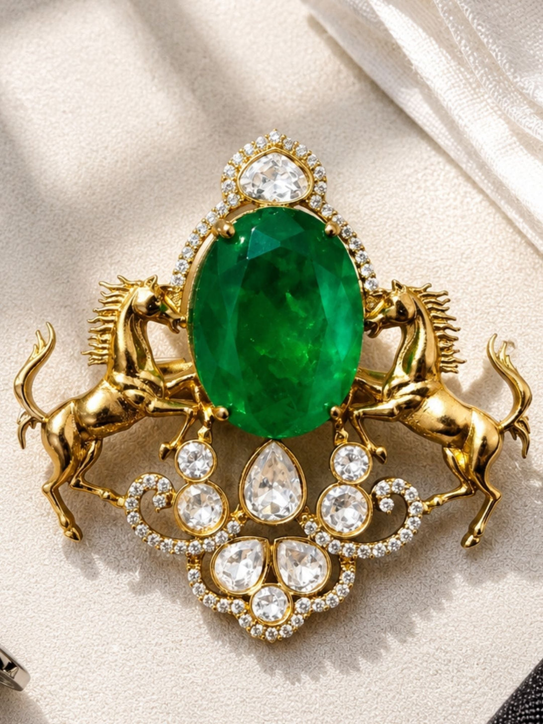 Royal Horse Brooch Pin for Unisex | Green Stone Crystal Gold Plated Statement Lapel Pin | SHOBITAM