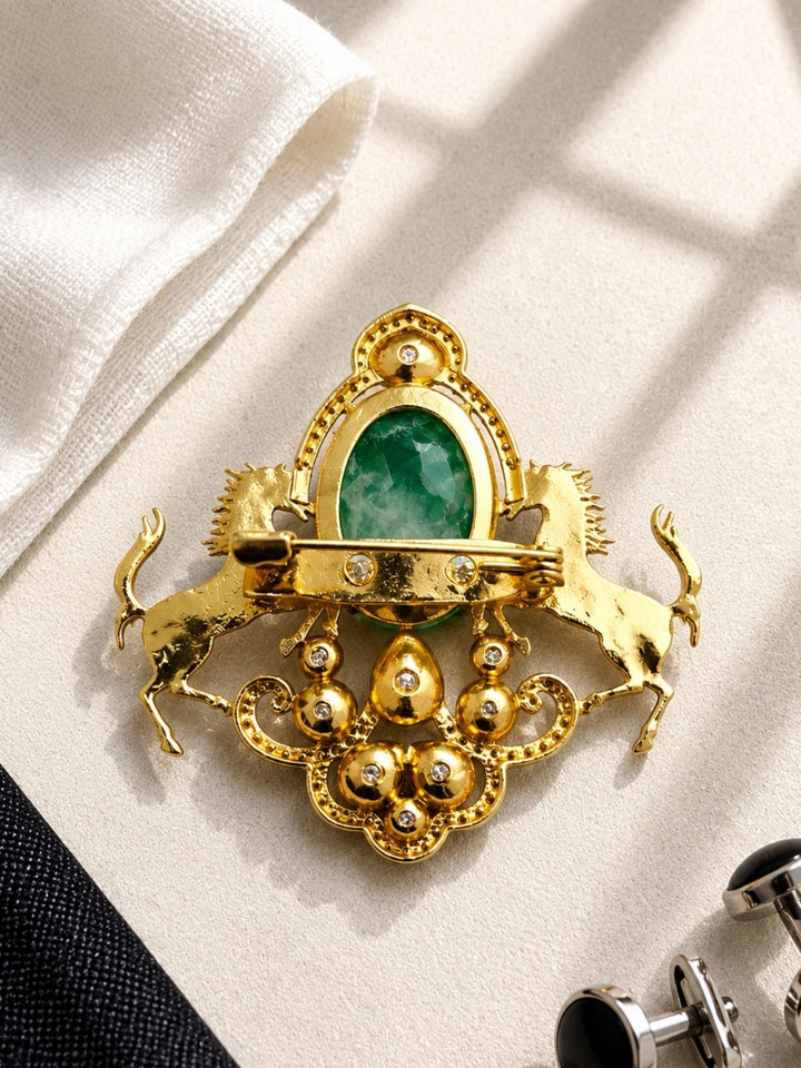 Royal Horse Brooch Pin for Unisex | Green Stone Crystal Gold Plated Statement Lapel Pin | SHOBITAM