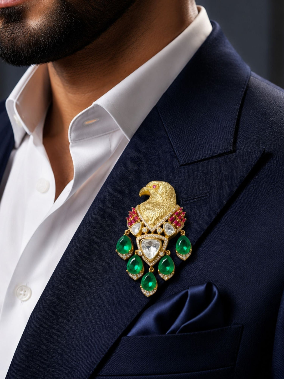Royal Eagle Brooch Pin for Unisex | Green Crystal Gold Plated Statement Lapel Pin | SHOBITAM