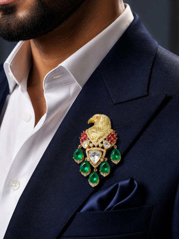 Royal Eagle Brooch Pin for Unisex | Green Crystal Gold Plated Statement Lapel Pin | SHOBITAM