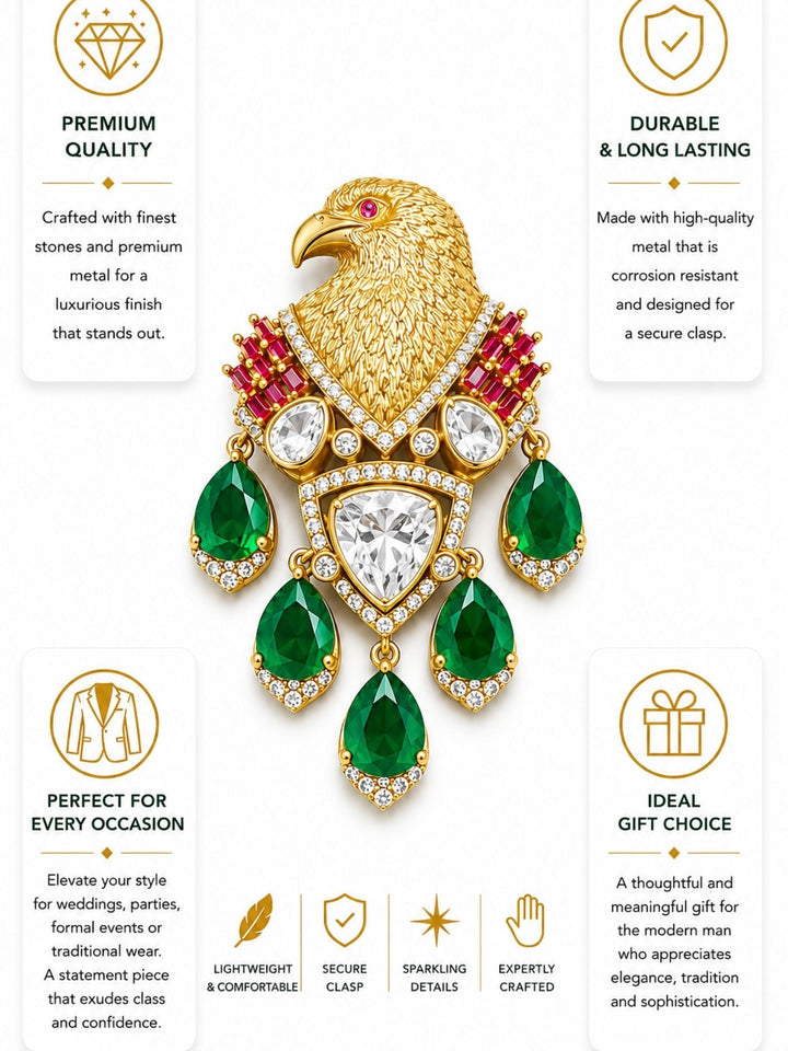 Royal Eagle Brooch Pin for Unisex | Green Crystal Gold Plated Statement Lapel Pin | SHOBITAM