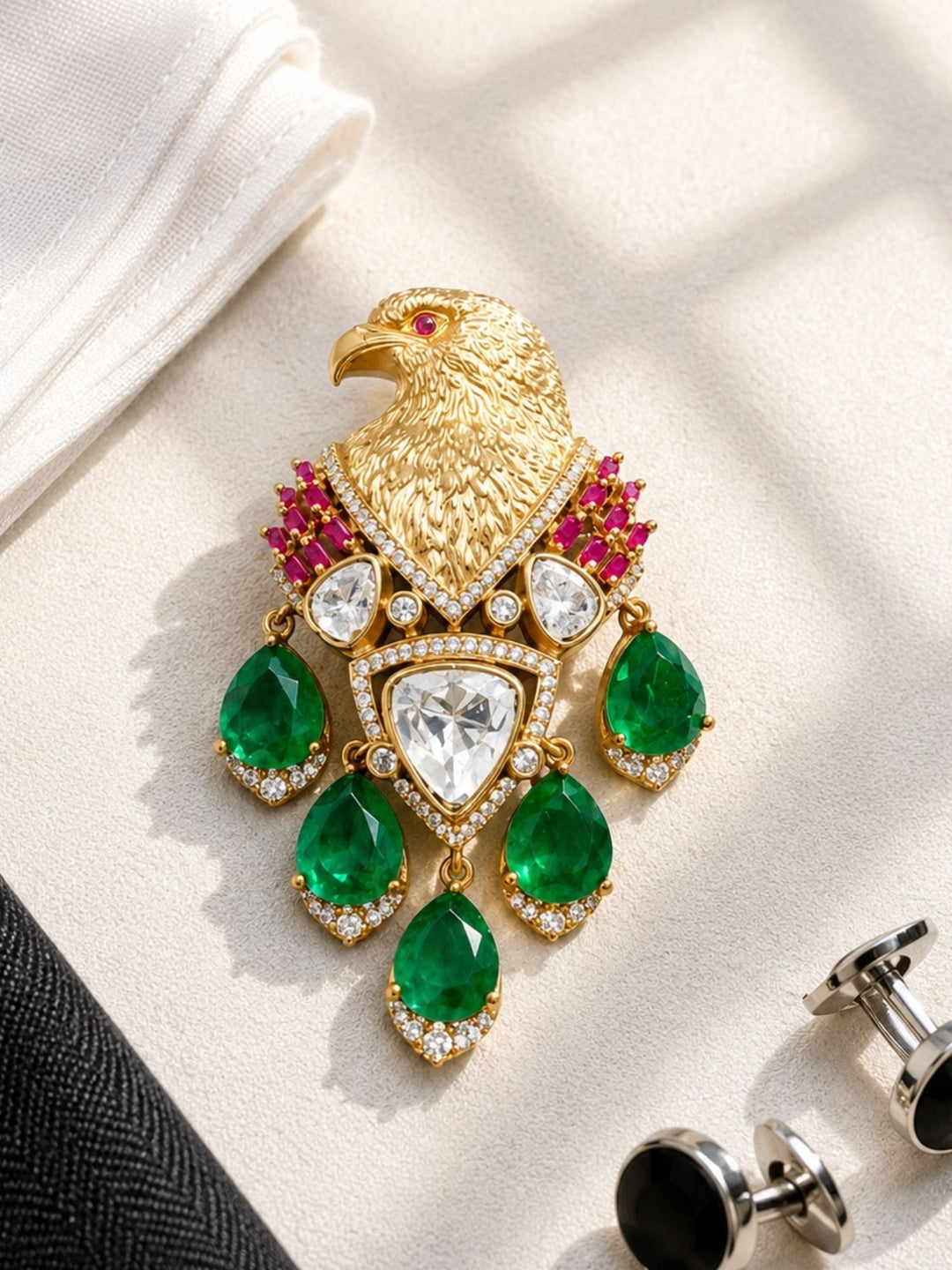 Royal Eagle Brooch Pin for Unisex | Green Crystal Gold Plated Statement Lapel Pin | SHOBITAM