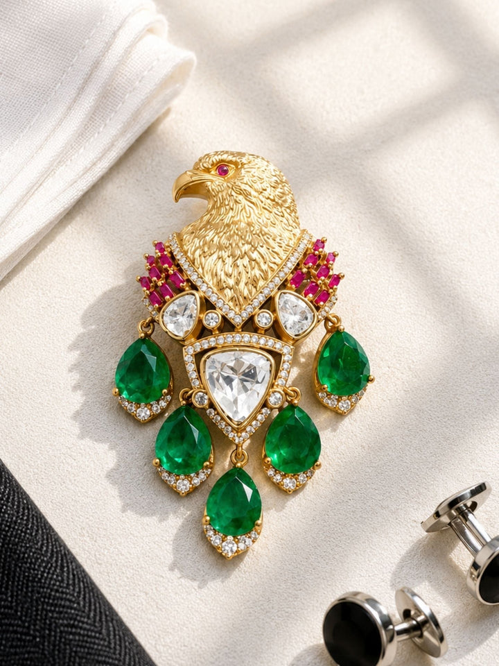 Royal Eagle Brooch Pin for Unisex | Green Crystal Gold Plated Statement Lapel Pin | SHOBITAM