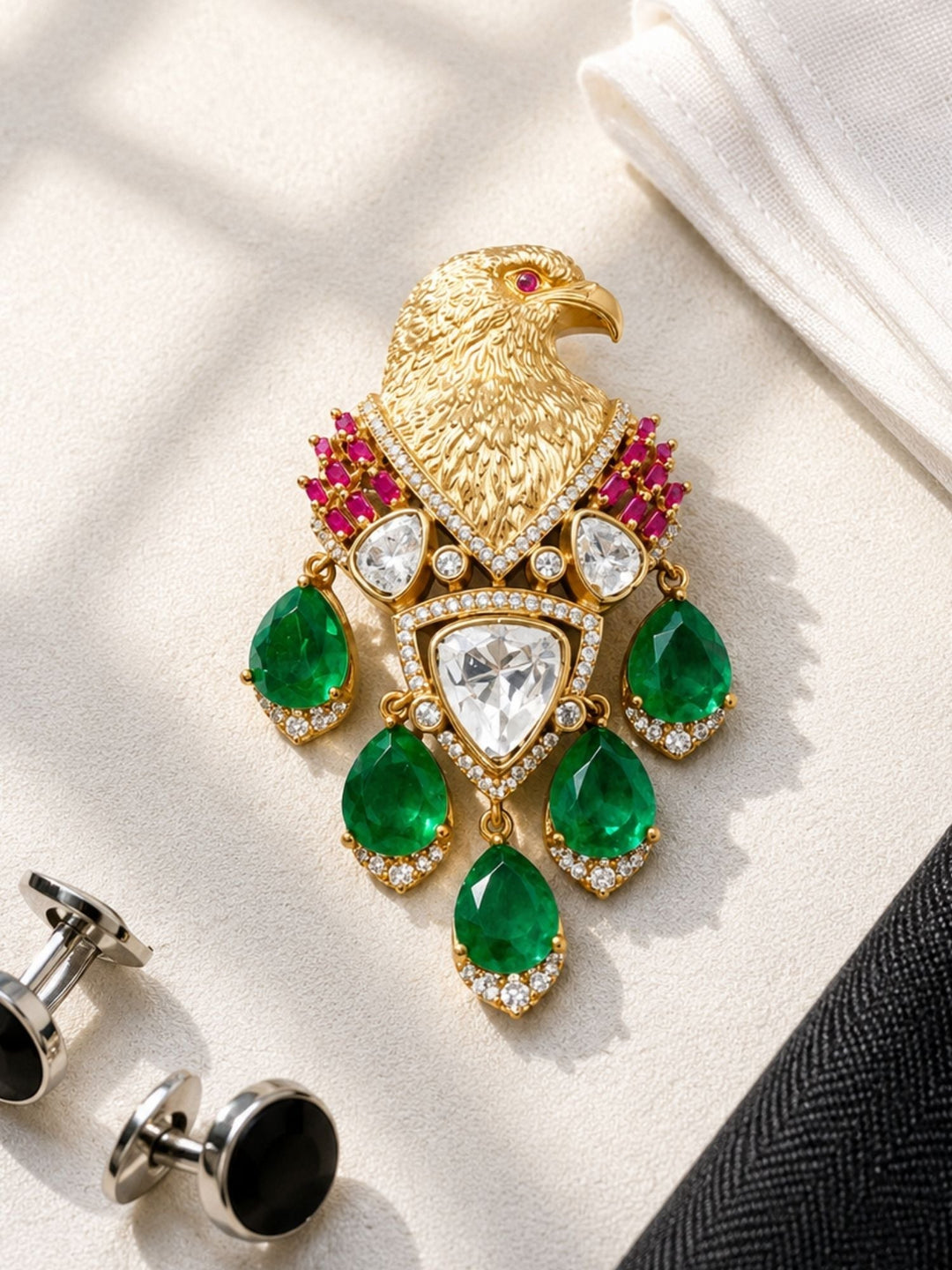 Royal Eagle Brooch Pin for Unisex | Green Crystal Gold Plated Statement Lapel Pin | SHOBITAM