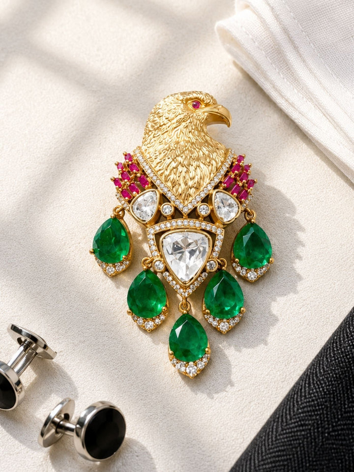 Royal Eagle Brooch Pin for Unisex | Green Crystal Gold Plated Statement Lapel Pin | SHOBITAM