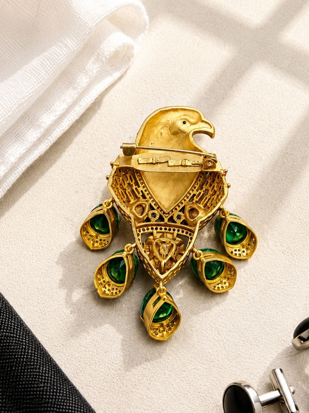 Royal Eagle Brooch Pin for Unisex | Green Crystal Gold Plated Statement Lapel Pin | SHOBITAM