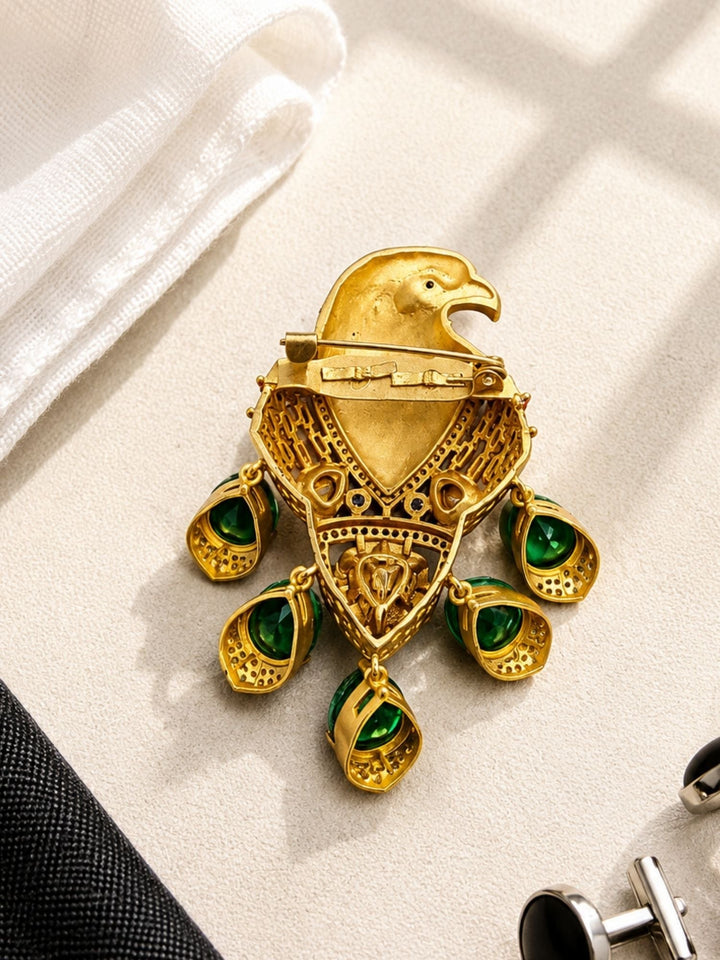 Royal Eagle Brooch Pin for Unisex | Green Crystal Gold Plated Statement Lapel Pin | SHOBITAM
