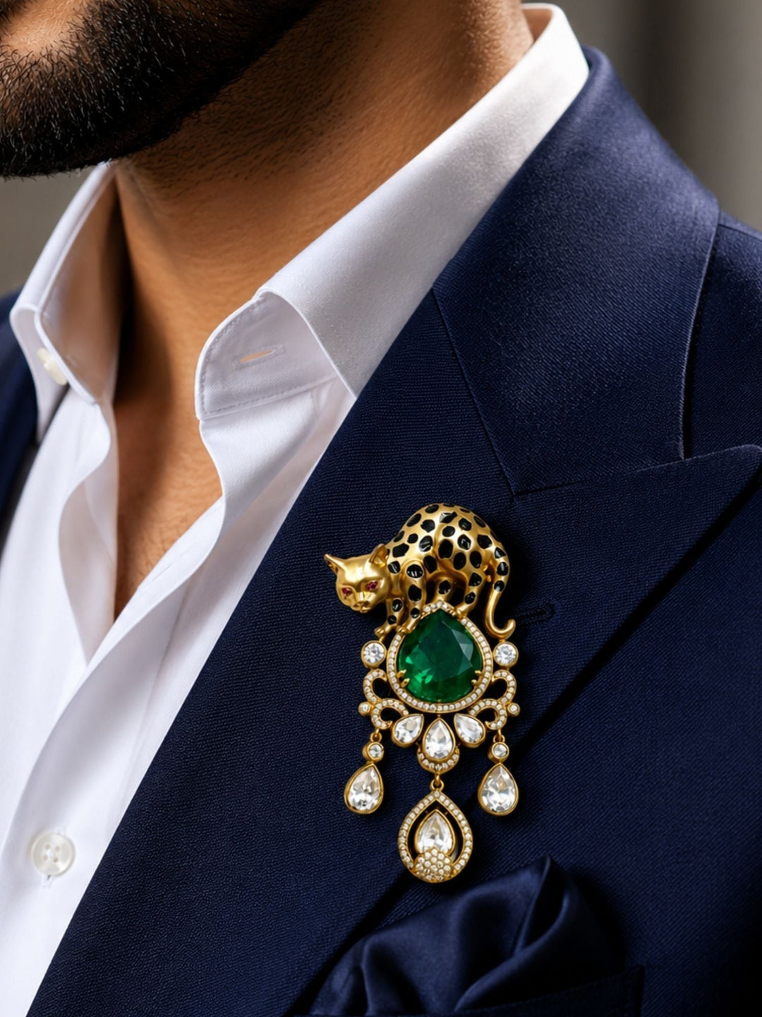 Royal Leopard Brooch Pin for Unisex | Green Crystal Gold Plated Statement Lapel Pin | SHOBITAM