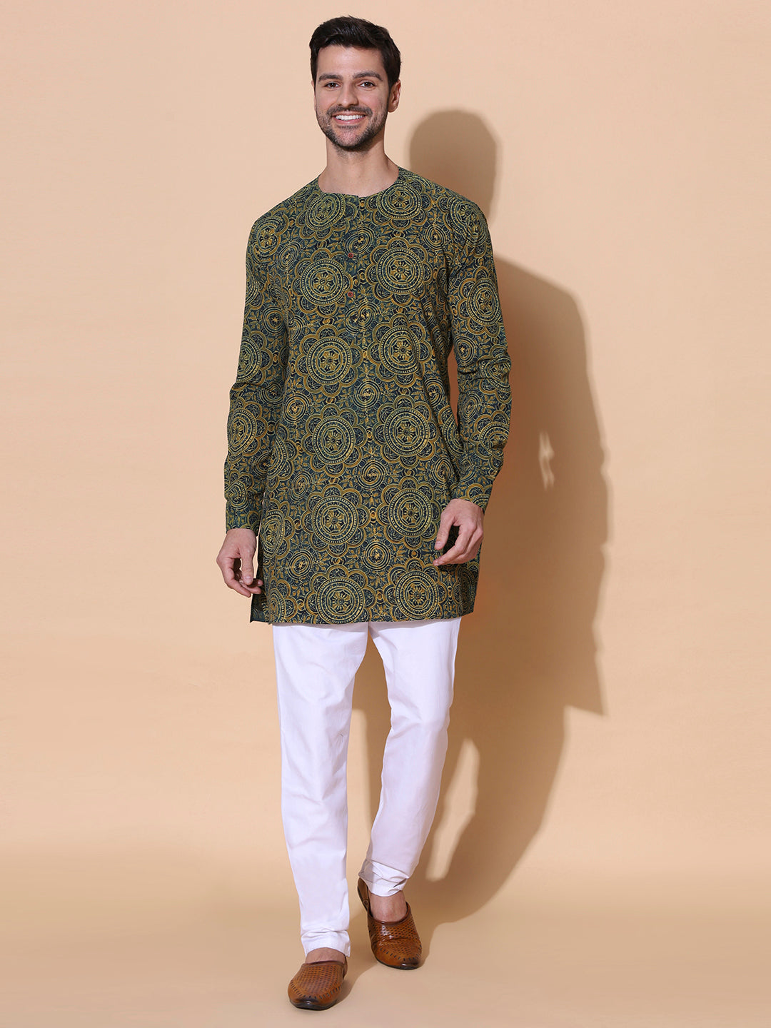 Haritvan Ajrakh Print Cotton Kurta in Green