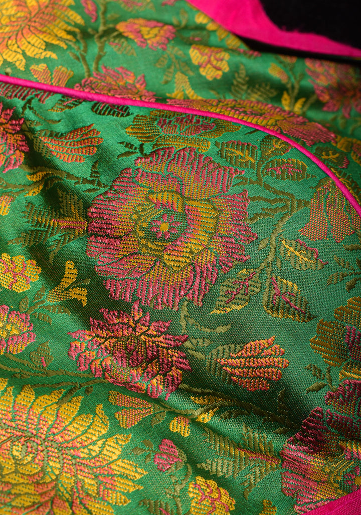 Green Tanchoi with Fuchsia Pure Raw Silk Lapel Collar Blouse for saree