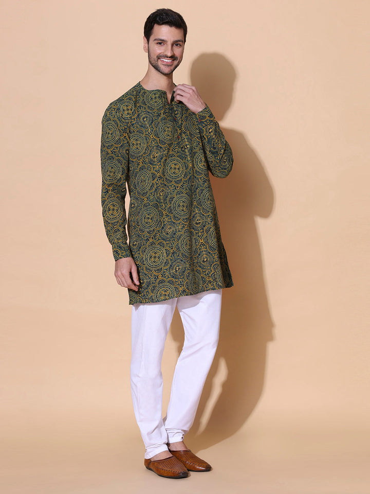 Haritvan Ajrakh Print Cotton Kurta in Green