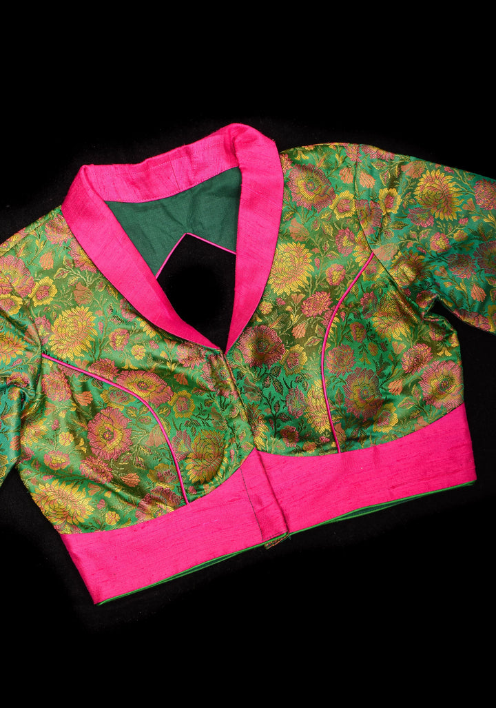 Green Tanchoi with Fuchsia Pure Raw Silk Lapel Collar Blouse for saree