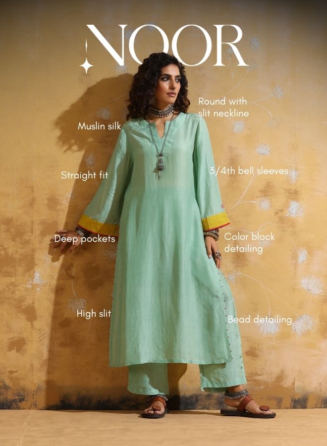 Mint Green Muslin Silk High-Slit Kurta Pant Set  | SHOBITAM