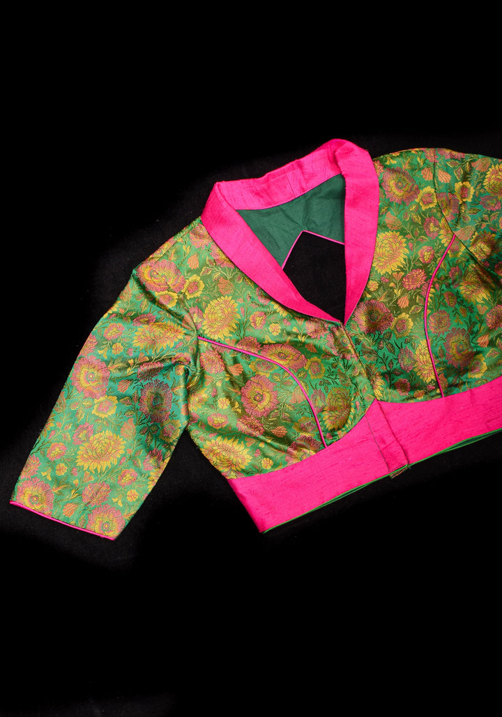 Green Tanchoi with Fuchsia Pure Raw Silk Lapel Collar Blouse for saree